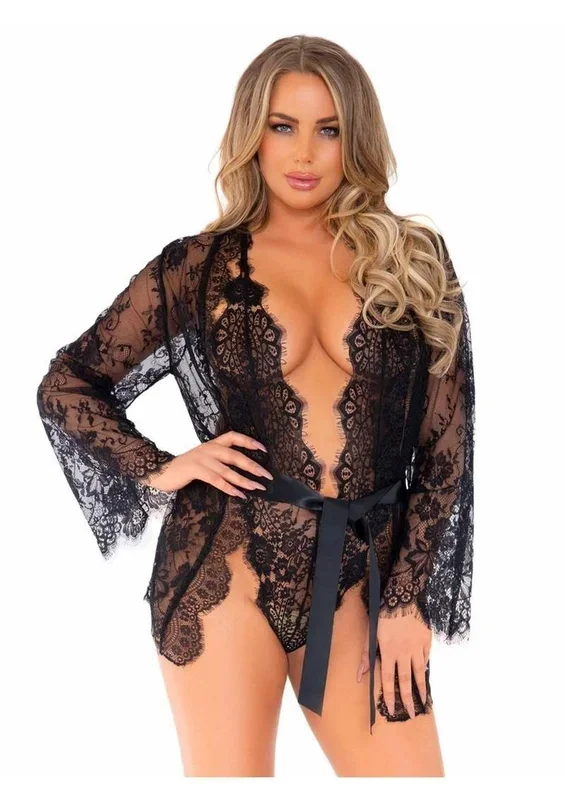 Floral Lace Teddy with Cheeky Thong Back Matching Lace Robe with Scalloped Trim and Satin Tie