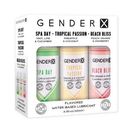 Gender X Flavored Lube Travel Pack 3/2oz Spa Day Tropical Passion Beach Bliss