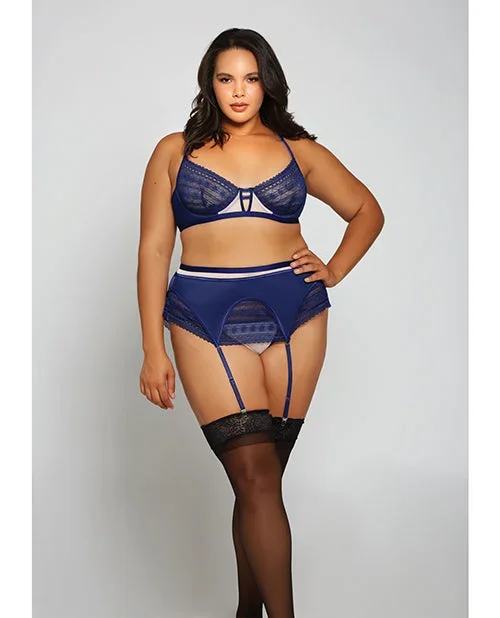 Geometric Lace w/Matte Microfiber Bra, Garter Belt & G-String Navy/Beige 3X