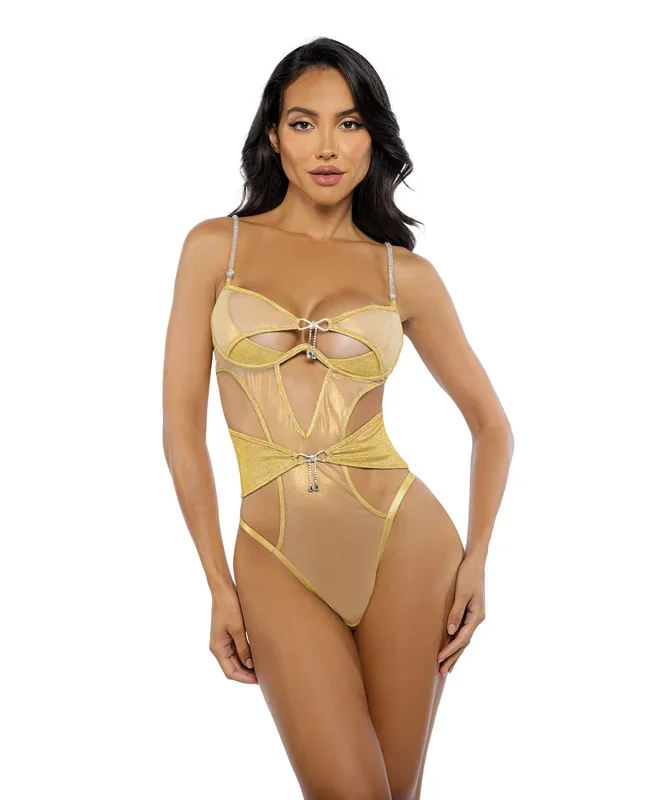 Gilded Beauty Metallic Shimmer Mesh Teddy w/Rhinestone Accents – Gold