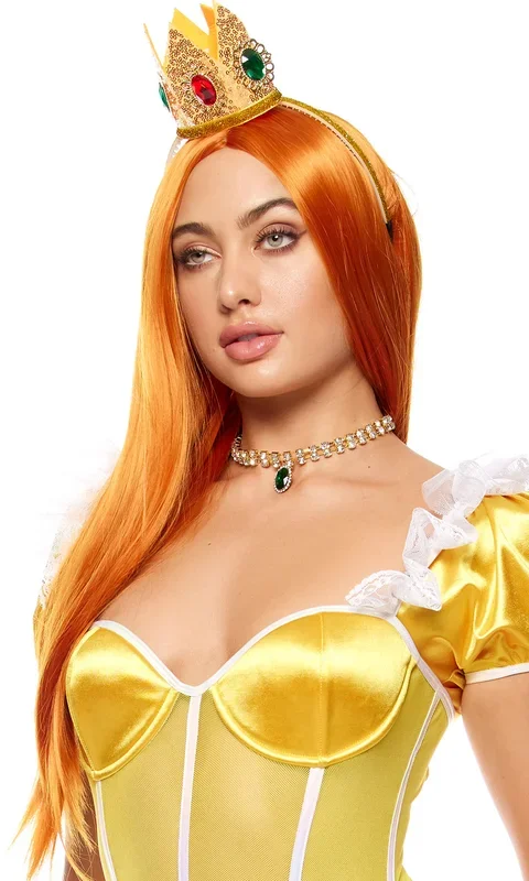 Ginger orange straight long length synthetic wig.