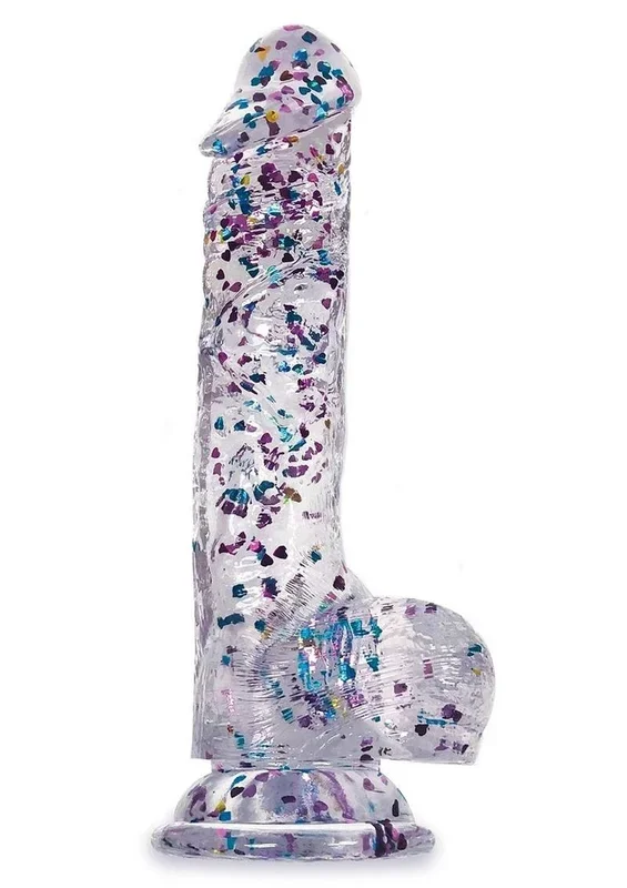 Glittergasm Realistic Clear Dildo with Balls and Suction Cup – Blue/Purple/Violet Glitter Adult Sex Toy