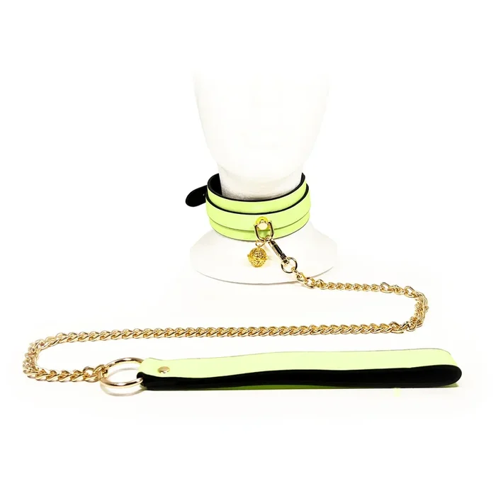 Glow in the Dark Collar and Leash with Brass Bell by Fetish Pleasure Play in Green