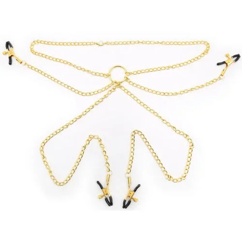 Golden Necklace Chain with Adjustable Nipples and Labia Clamps
