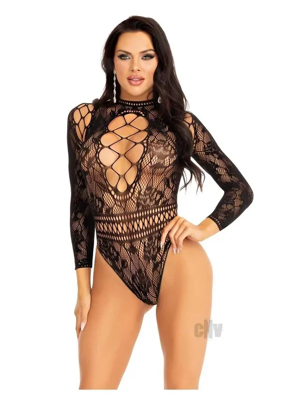 High Neck Lace Net Keyhole Suit Os Blk