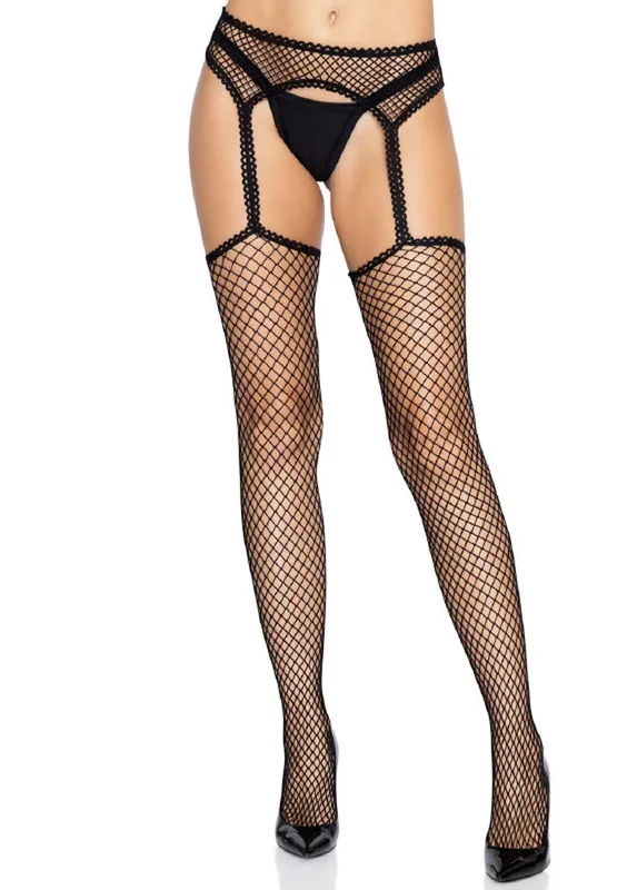 Industrial Net Stockings With Scalloped Trimmed Attached Garter Belt – One Size – Black