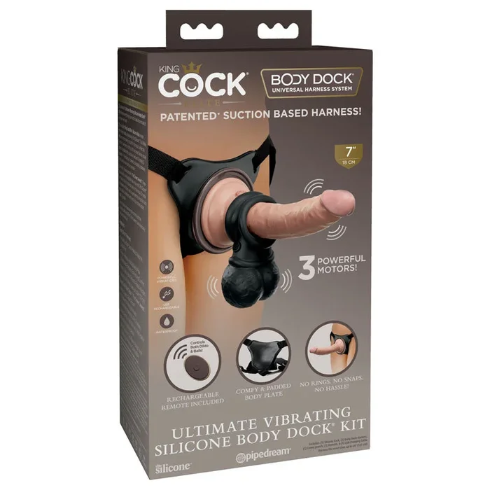 King Cock Elite Ultimate Vibrating Silicone Body Dock Kit – Body Dock Strap-On Harness with 17.8 cm Vibrating Dong & Vibrating Balls