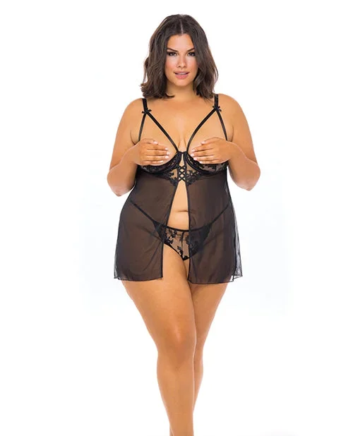Kira Embroidered Open Cup Flyaway Babydoll & G-String Black 1X