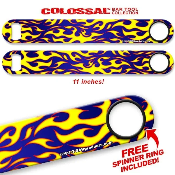 Kolorcoat™ 11″ Long COLOSSAL™ Speed Bottle Opener – Flames – Yellow / Blue