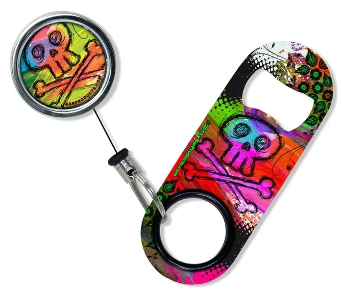 Kolorcoat™ Mini Opener with Retractable Reel – Colorful Skull and Crossbones
