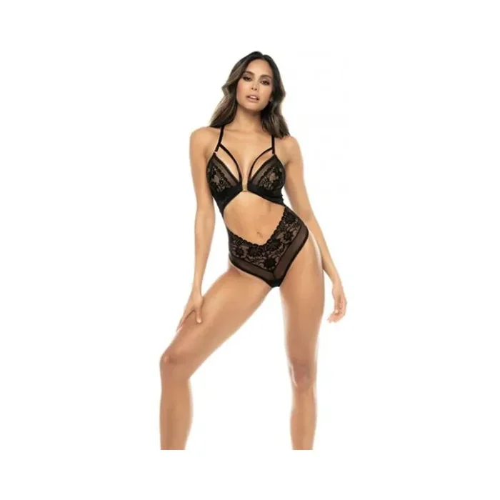 Lace & Mesh Teddy W/front Clasp & Lace Up Back Black L/xl