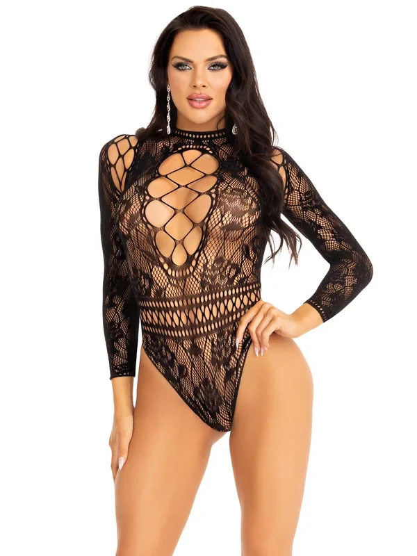 Lace and Neck Keyhole Back Bodysuit – One Size – Black