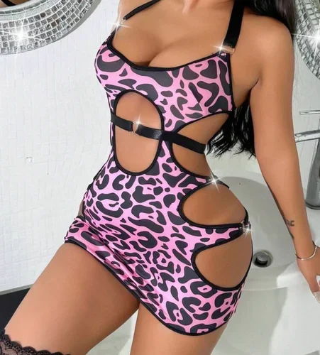 Ladies” Leopard Print Hollow Out Halter-Neck Sexy Lingerie