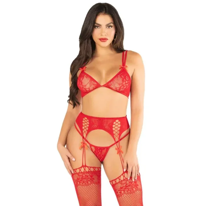Leg Avenue Bra Top String and Garter Belt Stockings Red OS