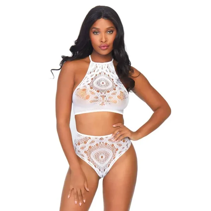 Leg Avenue Halter Crop Top and High Waist Thong White M/L