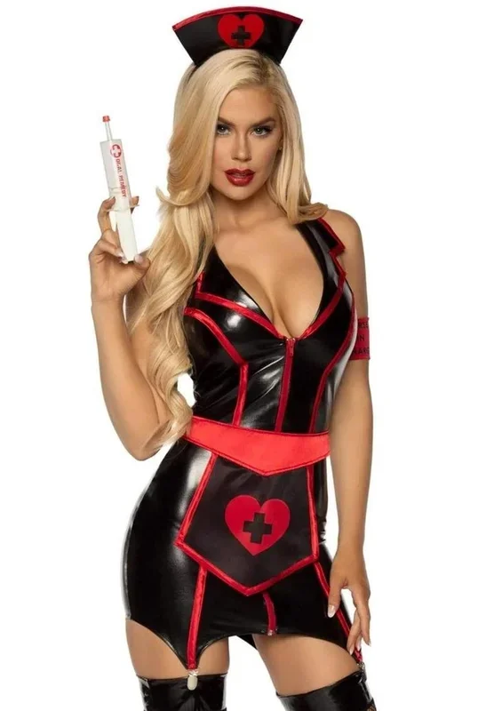 Leg Avenue Naughty Nurse Zip Up Wet Look Garter Dress, Heart Apron, Arm Band, and Head