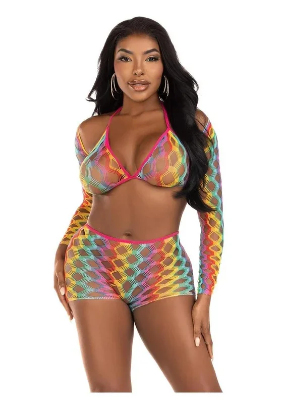Leg Avenue Rainbow Hardcore Net Bra Top, Shrug, and Boy Shorts