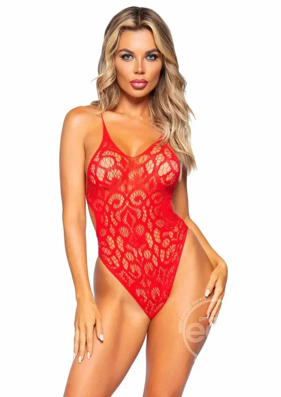 Leg Avenue Seamless Scroll Lace with Nearly Naked Strappy Back – O/S – Red