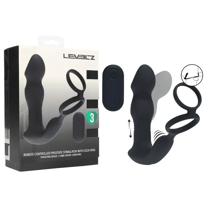 LEVELZ Remote Controlled Prostate Stimulator with Cock Ring – Black USB Rechargeable Vibrating Thrusting Prostate Massager with Cock Ring