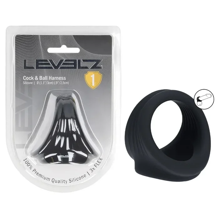LEVELZ Silicone Cock & Ball Harness – Black – Black Cock & Ball Ring