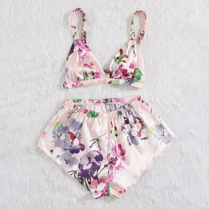 Lingeries Sets Sexy Satin Silk Lingerie Sleepwear Flower Printing Underwear