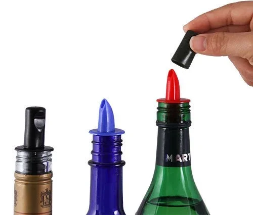 Liquor Pourers – Plastic w/ Dust Cap – Packs of 12 – Color Options