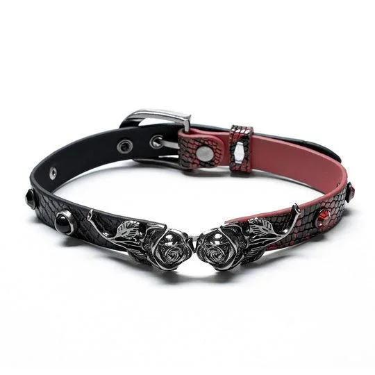 LIZARD PRINT GOTHIC ROSE COLLAR IN BLACK & RED COLOR