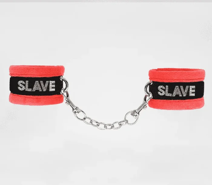 Love In Leather Fluffy Diamante SLAVE Wrist Restraints