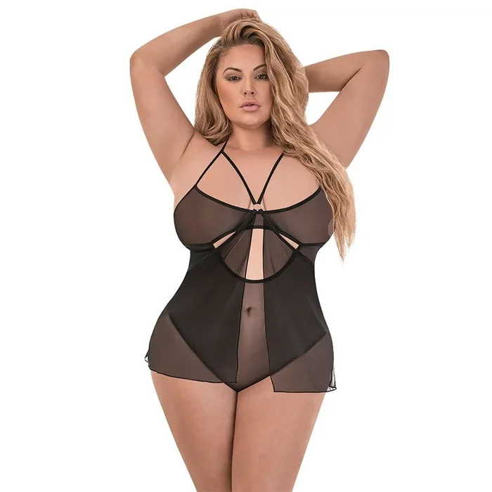 Magic Silk Forever Mesh Crotchless Babydoll Teddy Black QUEEN