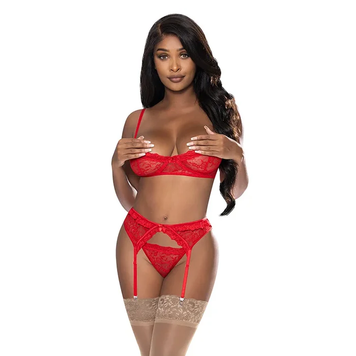 Magic Silk Ooh La Lace Demi Bra, Garter & Tanga Set Red S/M