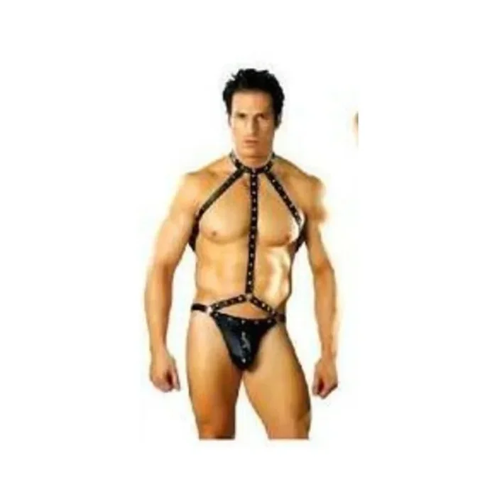 Male Power Fetish Gladiator High-neck Strappy Body Harness Black S/m