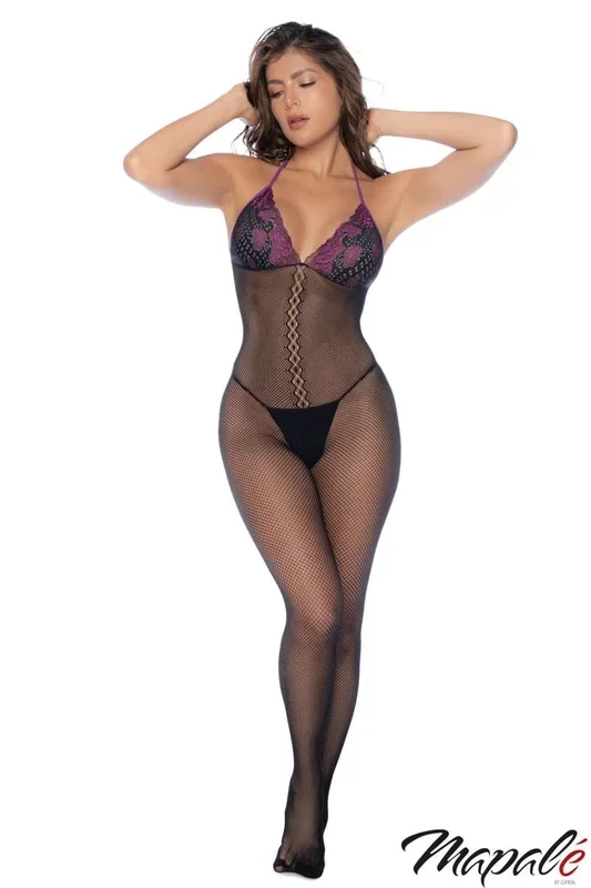 Mapale Contrast Lace Bodystocking Black Purple