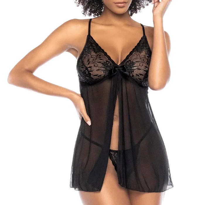 Mapale Split-Front Sheer Lace & Mesh Babydoll With Thong