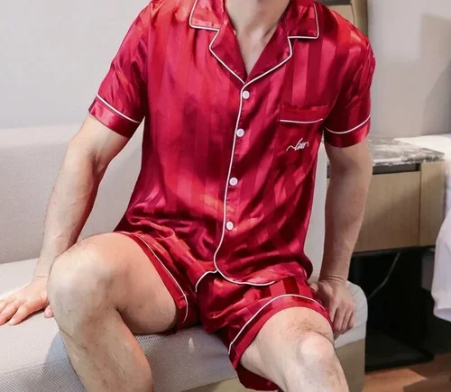 Men’s Satin Pajama Set Shorts Silk Sleepcoat Button Style Short Sleeved