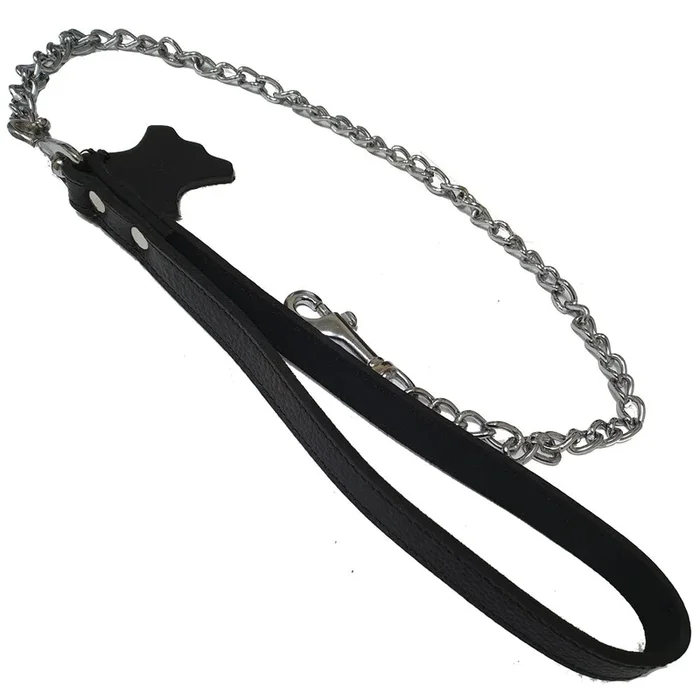 Metal Chain Leash With Large Grain Leather Handle