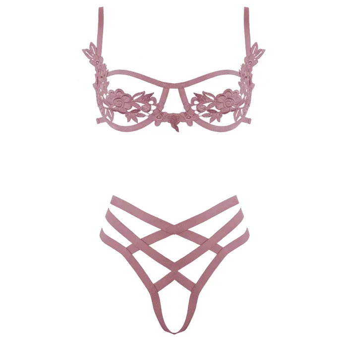 Muse Lingerie Bra With Floral Applique and Criss Cross G-String Pink PL013PNK – Size S/M/L/XL