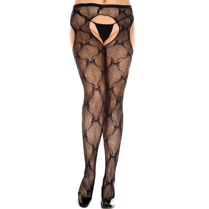 Music Legs Sheer Bow Lace Crotchless Suspender Pantyhose – Curvy