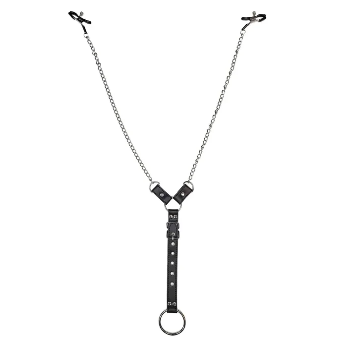 Nipple Clamps & Buckled Cock Ring Set Black ADJ