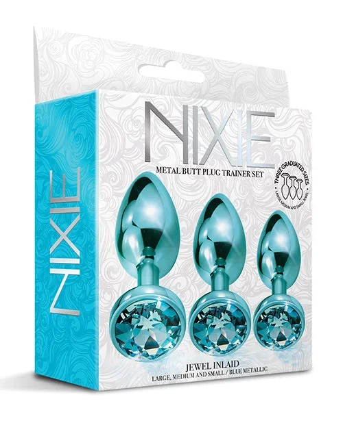 Nixie Metal Butt Plug Trainer Set w/Inlaid Jewel – Blue Metallic