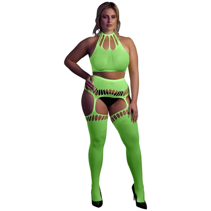 Ouch! Glow in The Dark Neon Green Crop Top with Stockings Plus Size