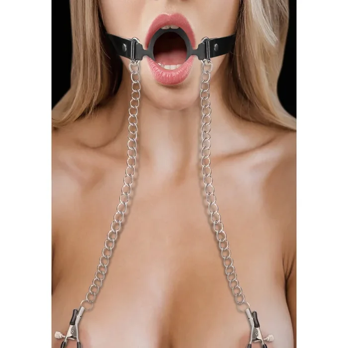 Ouch O-Ring Gag w Nipple Clamps – Black