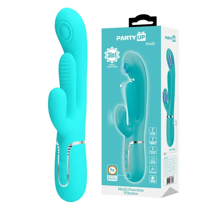 Party Up ANDY Multi Function Vibrator – Teal – Teal 22.2 cm USB Rechargeable Rabbit Vibrator with Flicking and Thumping Tip