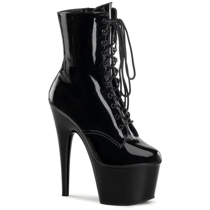 Pleaser Adore 7″ Stiletto Lace-Up Platform Ankle Boots – Patent Black