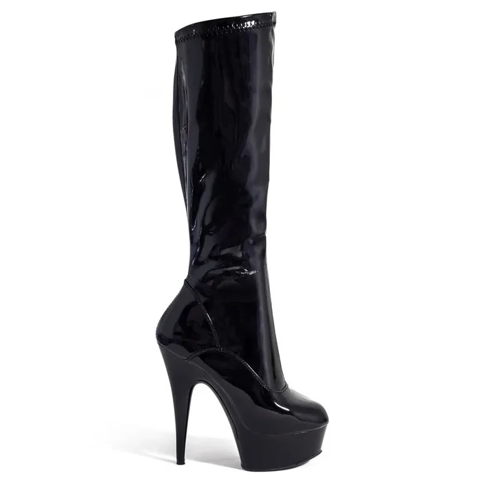 Pleaser Delight 6″ Stiletto Platform Knee Boots – Patent Black