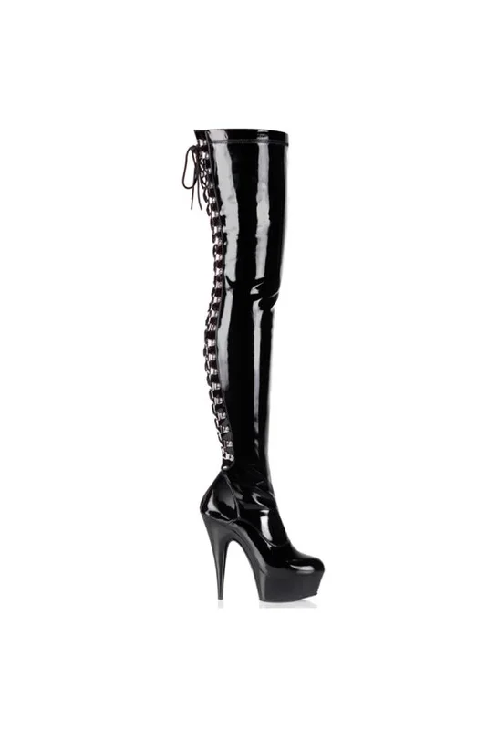 Pleaser USA – Delight 6″ Stiletto Thigh High Platform Boots with Lace Up Back – Black