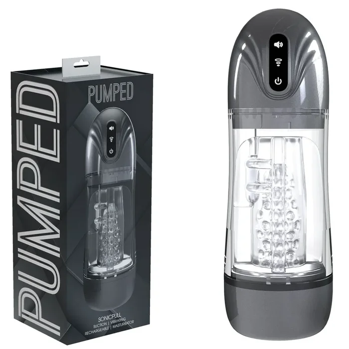 PUMPED SonicPull – Gunmetal – Gunmetal Grey/Clear USB Rechargeable Sucking And Vibrating Auto Masturbator