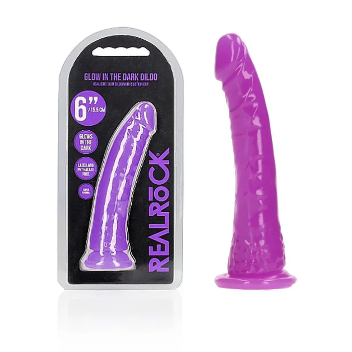 REALROCK 15.5 cm Slim Glow in the Dark Neon – Purple – Glow in Dark Purple 15.5 cm (6”) Dong