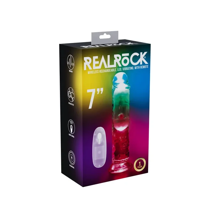 REALROCK 7” No Balls Wireless Rechargeable LED Vibrating Dong – Clear with LED 20 cm USB Rechargeable Vibrating Dong with Remote