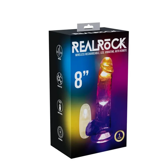 REALROCK 8” with Balls Wireless Rechargeable LED Vibrating Dong – Clear with LED 22.5 cm USB Rechargeable Vibrating Dong with Remote
