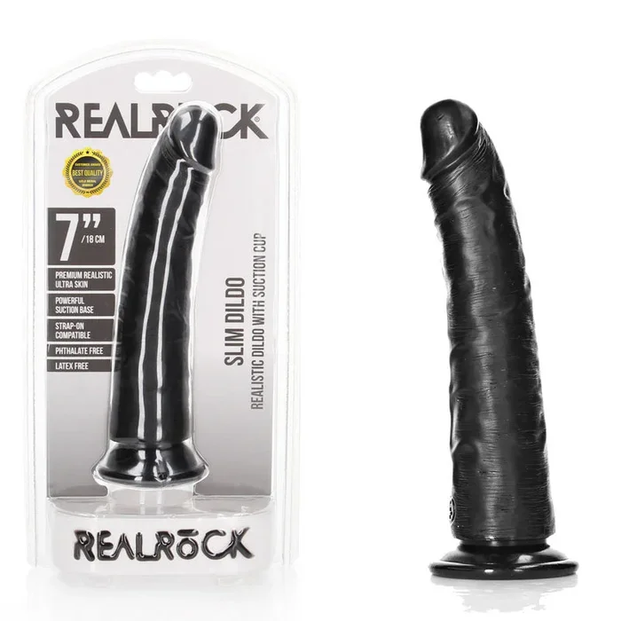 REALROCK Realistic Slim Dildo with Suction Cup – 18cm – Black 18 cm (7”) Dong